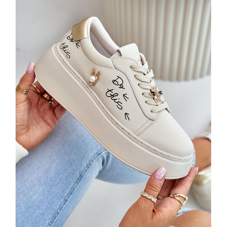 Women's Leather Sneakers on the Platform With Pins and the Vinceza Inscription 89102 Beige 2