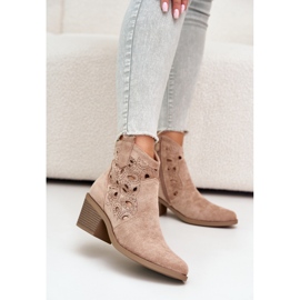 S.Barski Women's Suede Openwork Cowboy Boots Beige Daxon 1