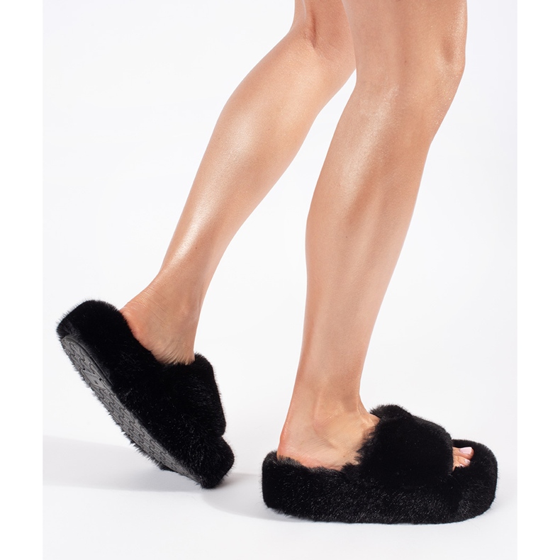 Seastar Black fur home slippers on a platform 1