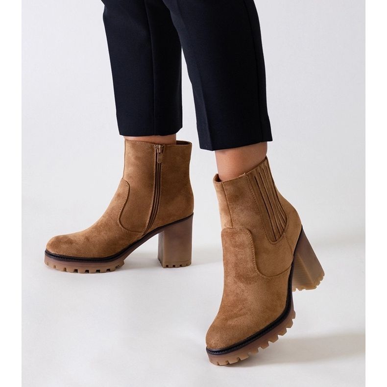Brown boots with a high massive heel, eco-suede Dunyana 1