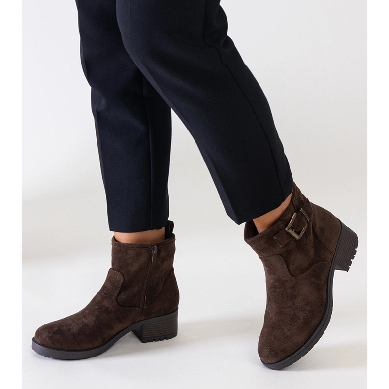 Brown ankle boots with a metal insert on a low heel, eco-suede Nadiara 1
