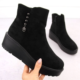 Women's suede ankle boots on a thick platform, black Potocki 11305 1