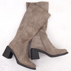 Women's suede high-heeled boots khaki Potocki 60314 green 1