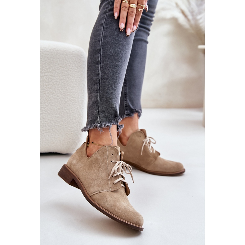 Zazoo 2959 Suede Oxfords Lace-up Shoes with Flat Heels Beige 2