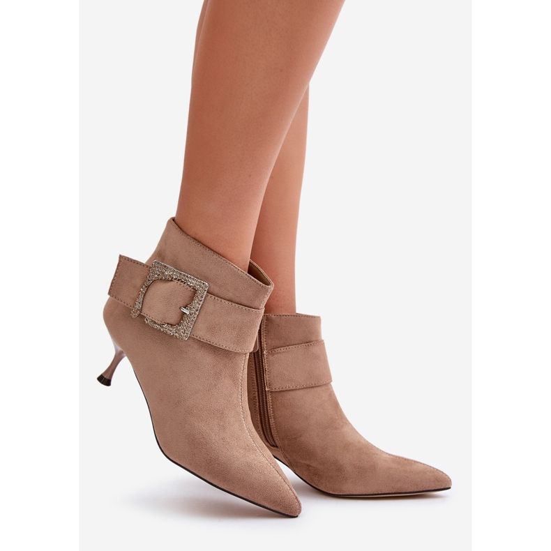 Women's Ankle Boots On A High Heel With A Decorative Buckle, Beige Nirilis 1