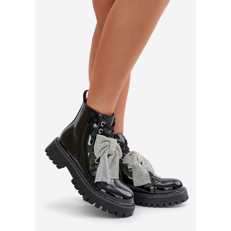 Ladies' patent leather ankle boots with a bow, Black Ocenttia 1
