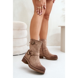 Women's Low Heel Boots With Buckles, Dark Beige Zudra 2