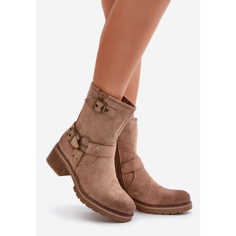 Women's Low Heel Boots With Buckles, Dark Beige Zudra 1