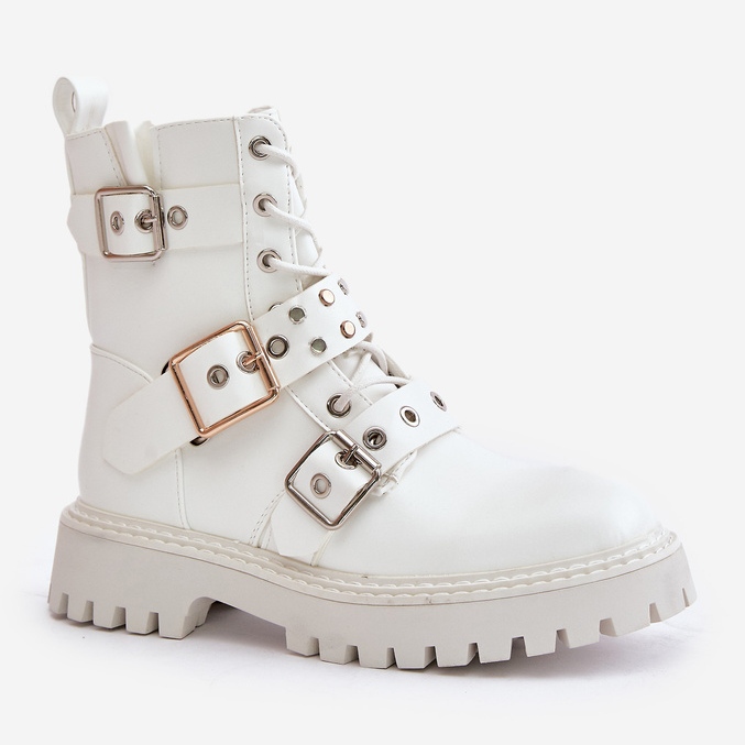 Eco Leather Worker Ankle Boots With Buckles White Serizia 2 Eco Leather Worker Ankle Boots With Buckles White Serizia 2