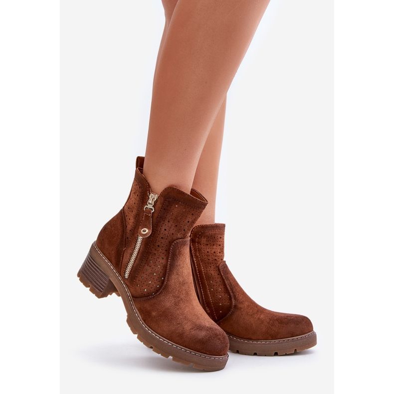 Brown Women's Boots With an Openwork Pattern on High Heels, Oviria 1
