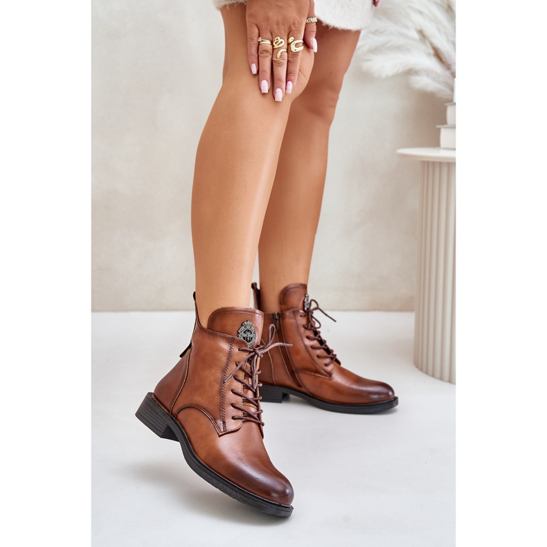 Insulated flat ankle boots with Camel Leonise decoration brown 2