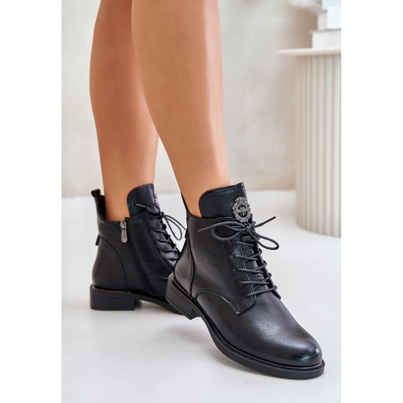 Insulated flat-heeled ankle boots with decoration, Black Leonise 1