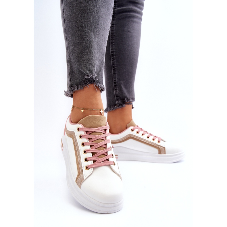 Women's sports sneakes with beige glitter white 3