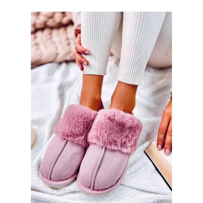 Allens Dusty Pink herringbone slippers with fur - Inello 2