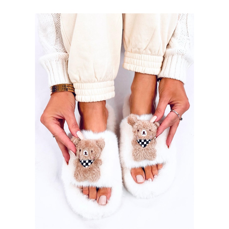 Fur slippers with a bear Beige 2