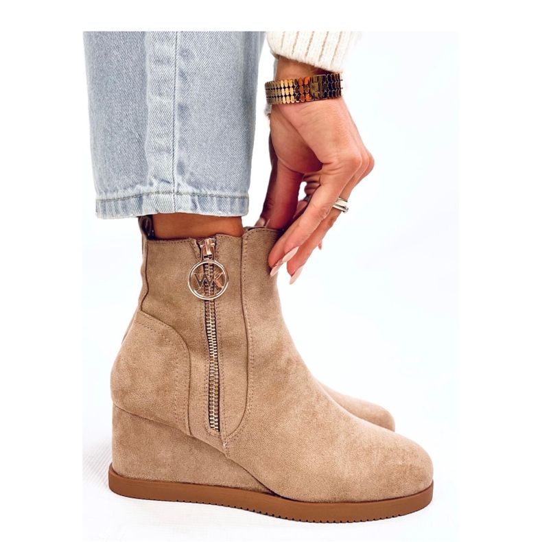 Khaki Gold Zipper Wedge Ankle Boots beige 1