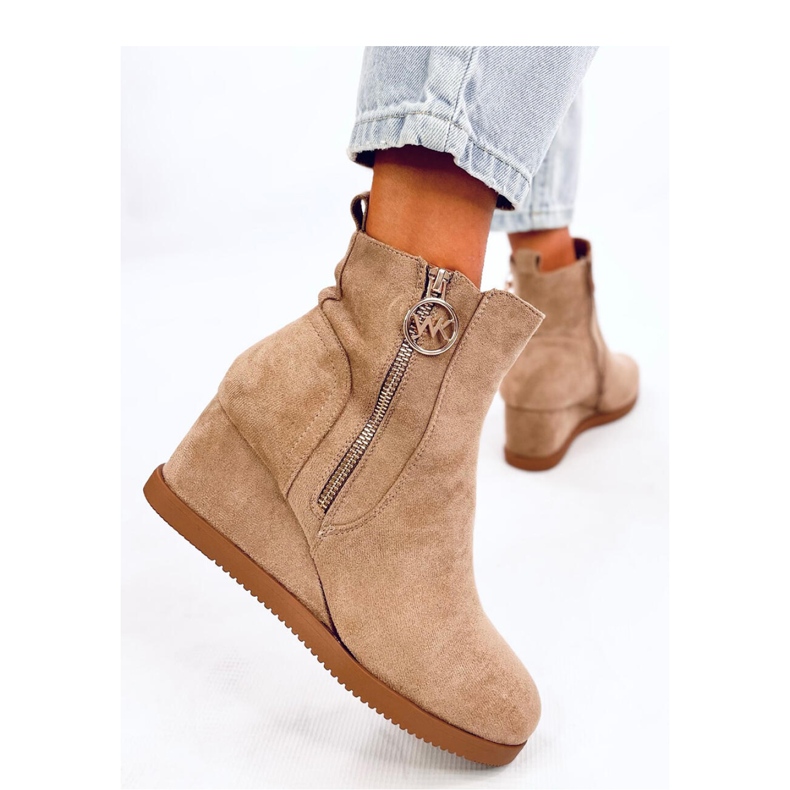 Khaki Gold Zipper Wedge Ankle Boots beige 2