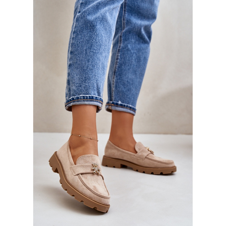 Beige suede women's moccasins with a teddy bear 1