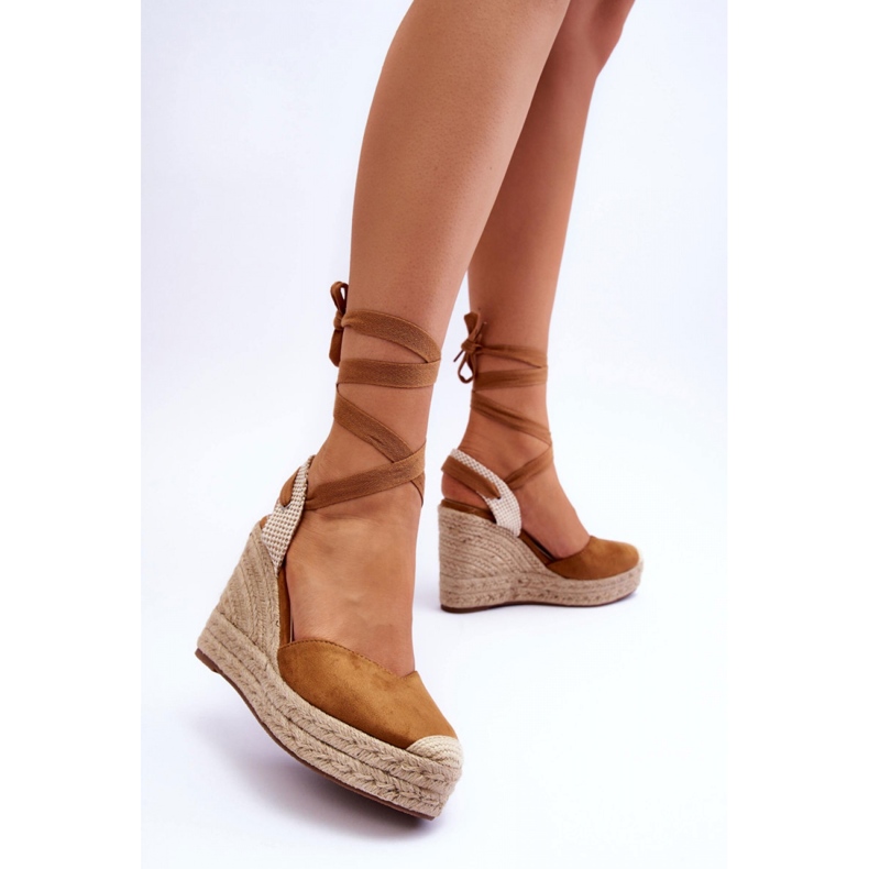 Camel lace-up wedge sandals brown 1
