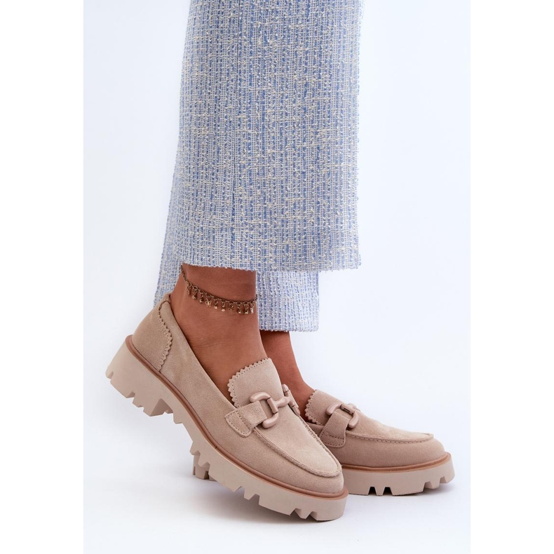 Women's suede moccasins with beige decoration 1