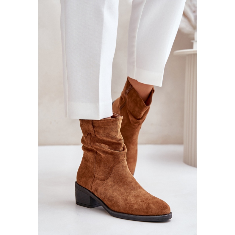 Classic women's ankle boots made of eco-suede Camel brown 1