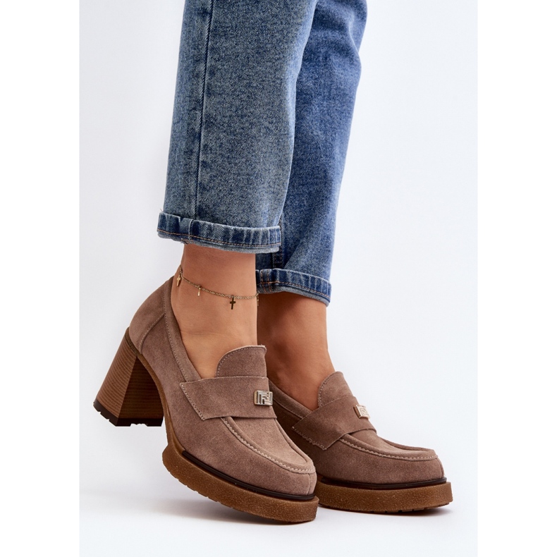 Zazoo Dark Beige suede loafers on a high heel 1
