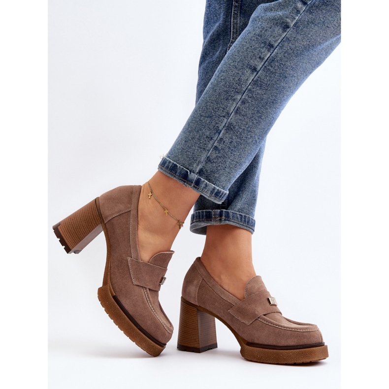Zazoo Dark Beige suede loafers on a high heel 2
