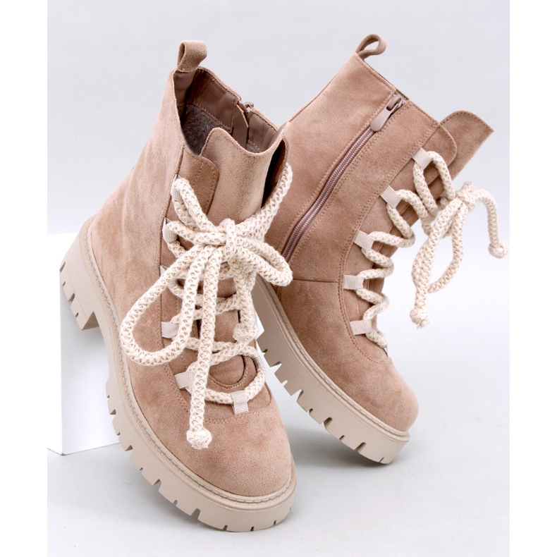Smiless Khaki lace-up ankle boots with thick laces beige 1