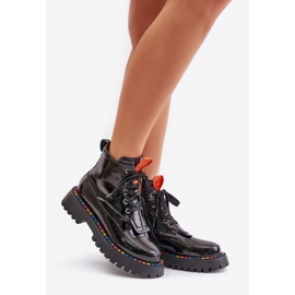 Black Anafra Leather Patent Worker Ankle Boots With Zipper 1