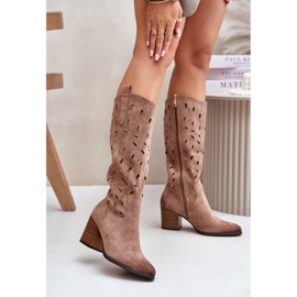 Eco Suede High Heel Boots With Openwork Pattern Vinceza 58344 Dark Beige 2