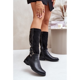Jezzi Insulated Flat Heel Boots With Decorative Buckle, Black Leatharia 2