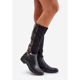 Jezzi Insulated Flat Heel Boots With Decorative Buckle, Black Leatharia 1
