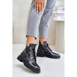 S.Barski Women's Leather Patent Boots, Warm, Zippered, D&amp;A LZ42-042, Black and Gray 2