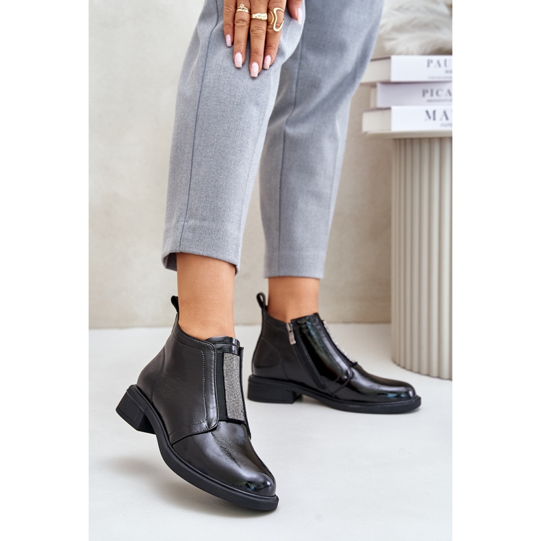 S.Barski Leather Patent Low Ankle Boots With Zipper Decoration D&amp;A MR880-142 Black 2