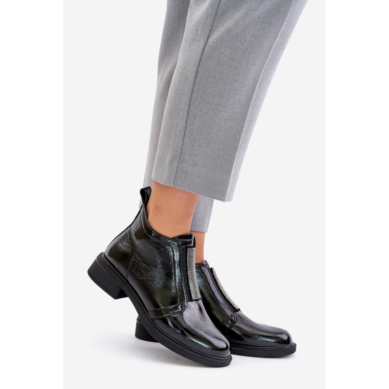 S.Barski Leather Patent Low Ankle Boots With Zipper Decoration D&amp;A MR880-142 Black 1