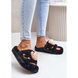 Women's Fur Slippers With Teddy Bear and Decorative Elements, Black Innalise 2