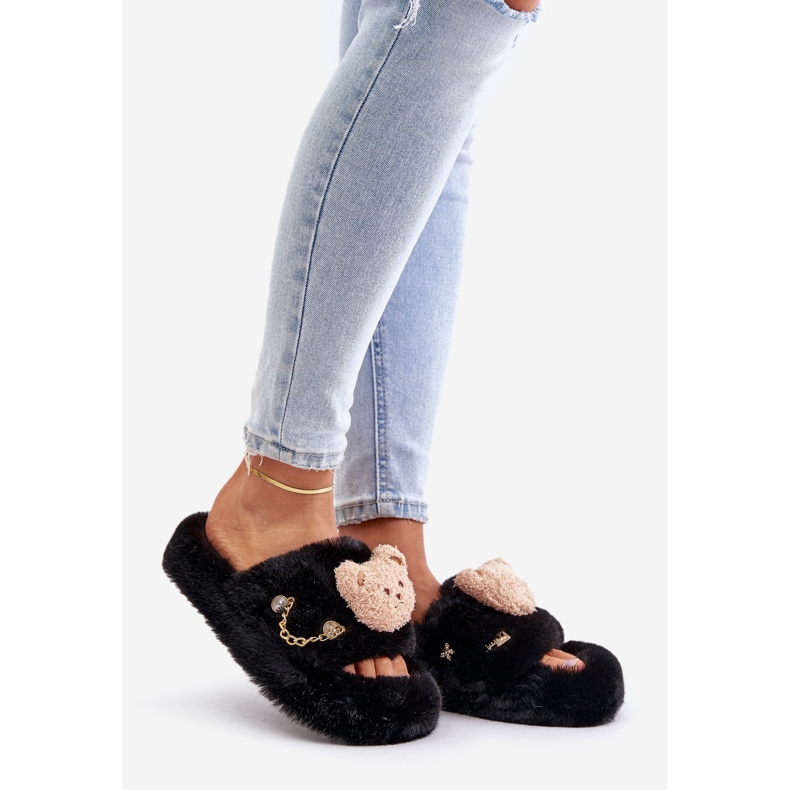 Women's Fur Slippers With Teddy Bear and Decorative Elements, Black Innalise 1