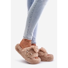 Beige Innalise Women's Fur Slippers With a Teddy Bear and Decorative Elements 1