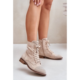 Decorated Flat Heel Boots, Eco Suede, Warm, Light Beige Ellieo 2