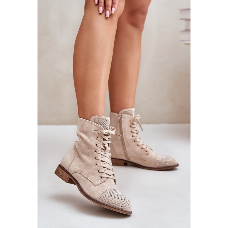 Decorated Flat Heel Boots, Eco Suede, Warm, Light Beige Ellieo 2