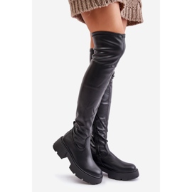Over-the-knee boots with a platform and a flat heel made of eco-leather, black Loreviana 1