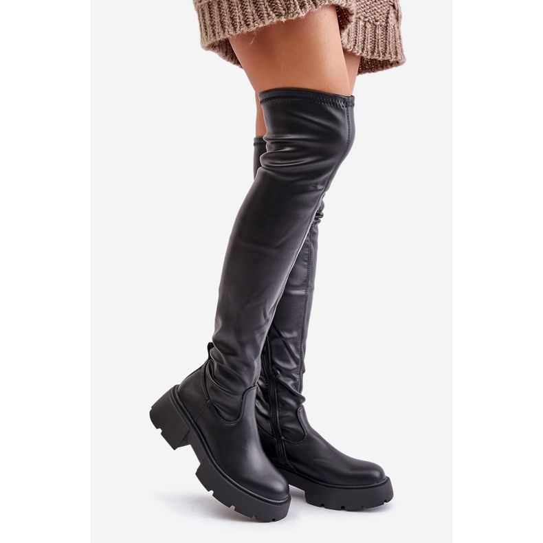 Over-the-knee boots with a platform and a flat heel made of eco-leather, black Loreviana 1