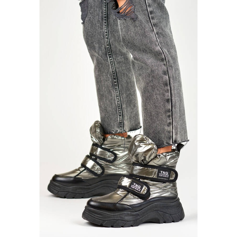 Women's snow boots, metallic, silver velcro ankle boots 22-PY16062SI black 2