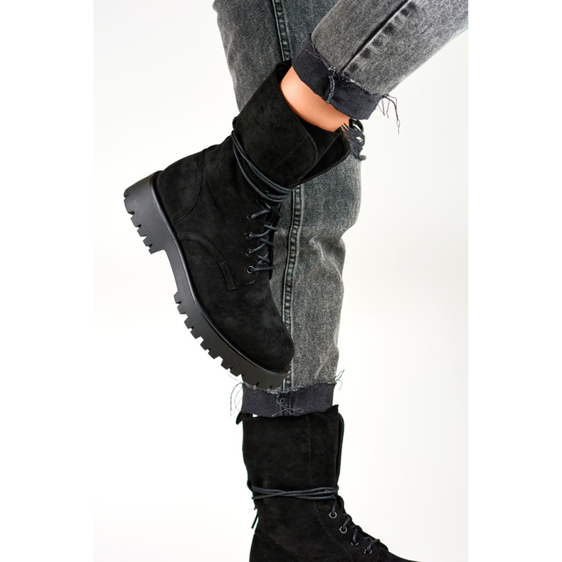 Women's suede lace-up ankle boots black DE1051S-B beige 1