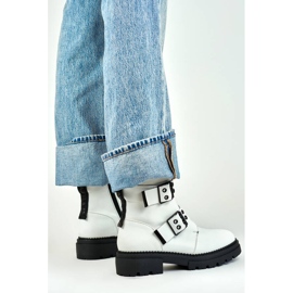 Women's lacquered worker boots with buckles, white 250007W-PU 2