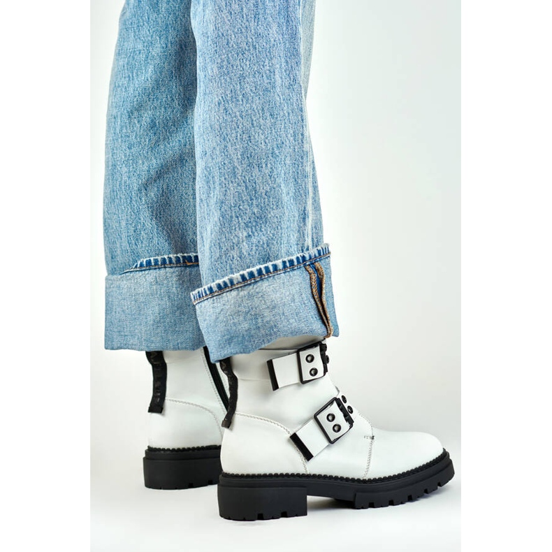 Women's lacquered worker boots with buckles, white 250007W-PU 2