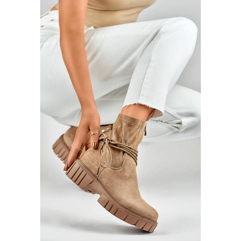 Women's ankle boots with elastic lace-up upper, beige DE1127NU 1