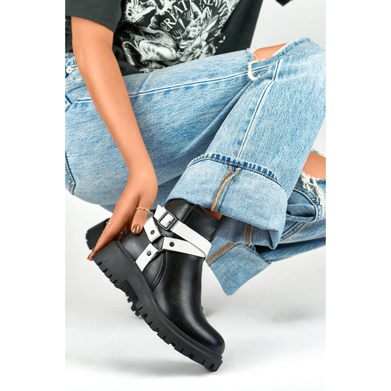 Women's insulated worker boots with straps, black 250043BW-PU white 2