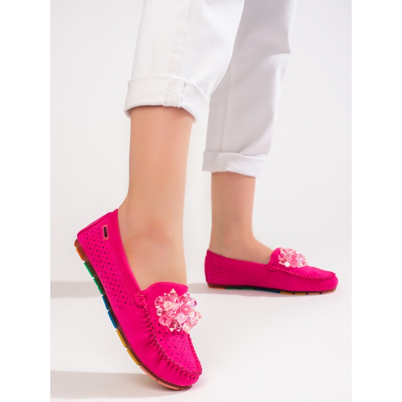 Women's openwork loafers with crystals Shelovet pink 1