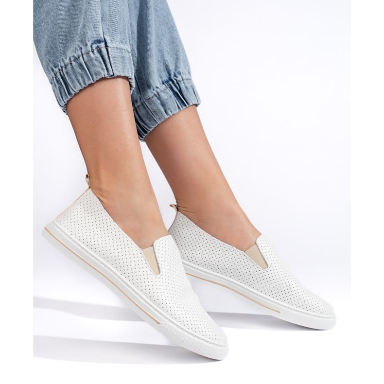 Women's white openwork sneakers beige 1